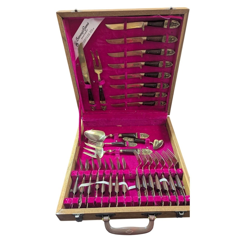 Vintage Sammy's Gems Thailand Bronze Wood Flatware Set 29 Pc‎ MCM Boho Luxury
